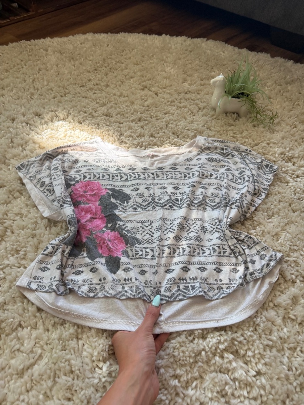Lightweight white crop top White vintage Y2K Printed Crop Top with Gray Aztec Mo